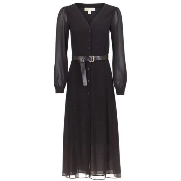 Michael Kors dress Women's Kate Belted Button-Down Midi Dress black $185 Value L - Picture 1 of 14